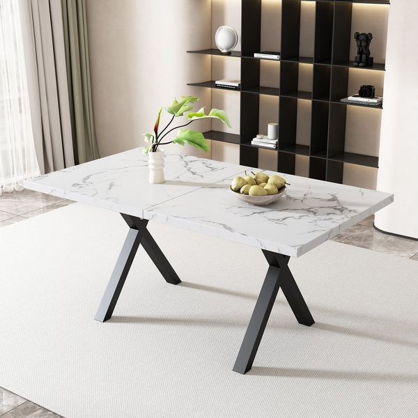 BlingBin Esstisch Moderner Rechteckiger Esstisch, Küchentisch mit Gekreuzten Beinen (1er Set, 1-St, 140*80*76cm, Tragendes Gewicht: 130 KG, MDF und Metall), Couchtisch, Einfacher Esstisch aus Schmiedeeisen, Schwarz und Weiß