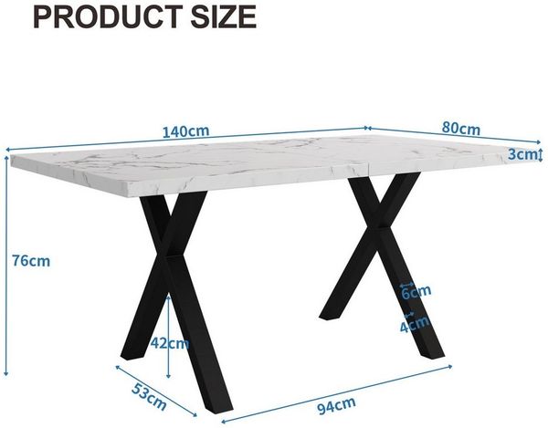 BlingBin Esstisch Moderner Rechteckiger Esstisch, Küchentisch mit Gekreuzten Beinen (1er Set, 1-St, 140*80*76cm, Tragendes Gewicht: 130 KG, MDF und Metall), Couchtisch, Einfacher Esstisch aus Schmiedeeisen, Schwarz und Weiß Bild 4