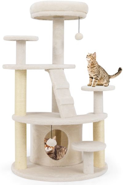 Klein Kratzbaum mit Katzenhöhle & Ball & Leiter Holz Katzenbaum Katzenkratzbaum Weiß