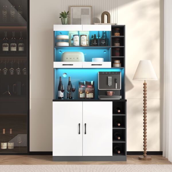 Küchen-Highboard 100 x 47 x 187 cm aus MDF mit Glasfach, LED & verstellbaren Fächern