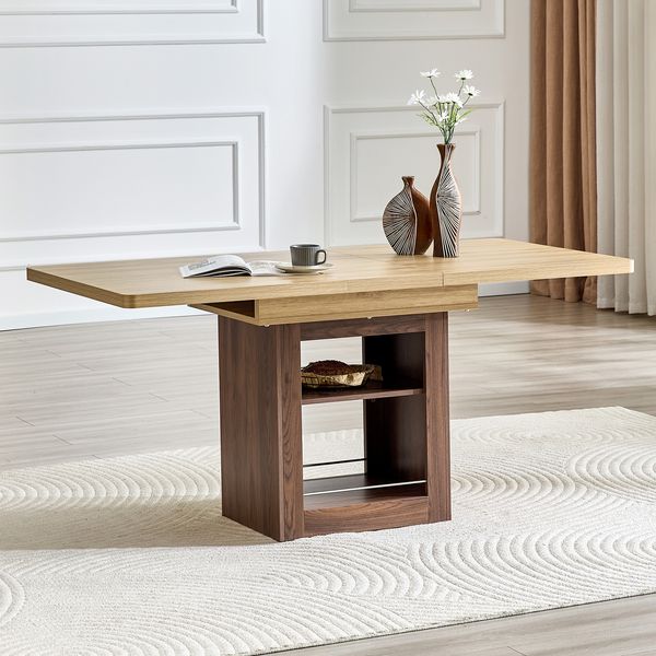Ausziehbarer Esstisch in Holzoptik mit Stauraum, 130 cm - 160 cm, Gestell aus walnussfarbenem MDF, integrierte Staufächer, geeignet für kleine Wohnungen, bietet Platz für 4 bis 8 Personen