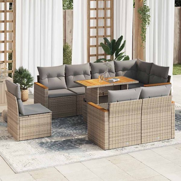 vidaXL 9-tlg. Garten-Sofagarnitur mit Kissen Beige Poly Rattan Akazie 3327503