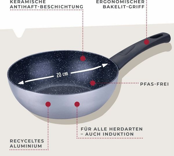 Fackelmann Wokpfanne Crisp Ø 20 cm silber/schwarz antihaft Keramik Beschichtung