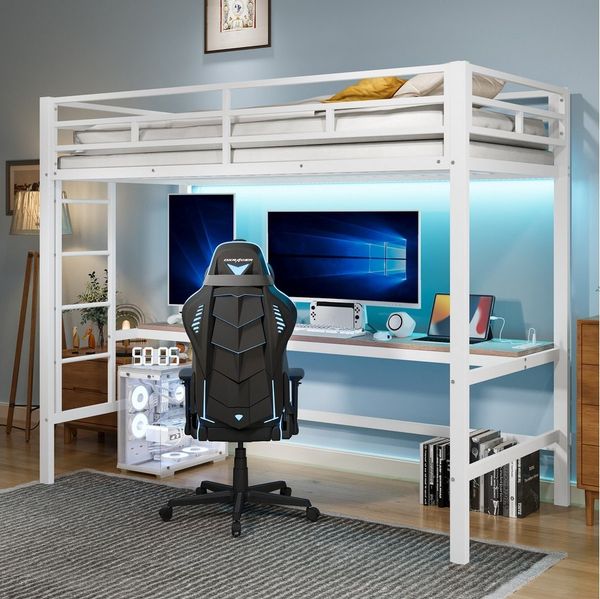 Flieks Hochbett Metallbett 90x200cm mit Leiter, Schreibtisch mit Aufladenfunktion