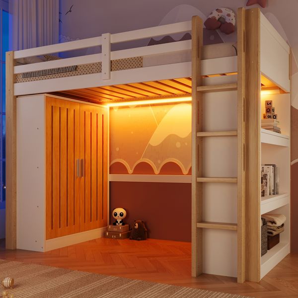 Hochbett, 90x200cm, Mit LED-Leuchten, Kleiderschrank, Regal, ohne Matratze, Weiß+Natur