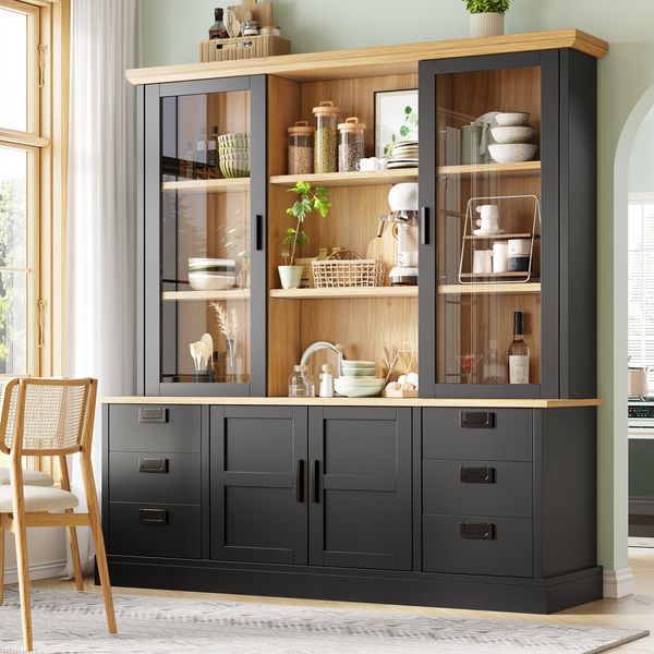 Merax Küchenhochschrank mit 6 großen Schubladen, Glastüren, Kippschutz & Metallschienen, 140x185 cm, Stauraumschrank für Küche & Esszimmer, schwarz