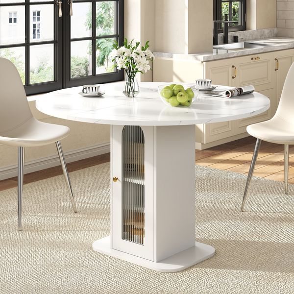Merax Runder Bartisch mit Stauraum für 2-4 Personen, Kleiner Esstisch in Marmoroptik, Küchentisch mit Riffelglas-Tür & Regal, 80 x 80 x 75 cm, Weiß