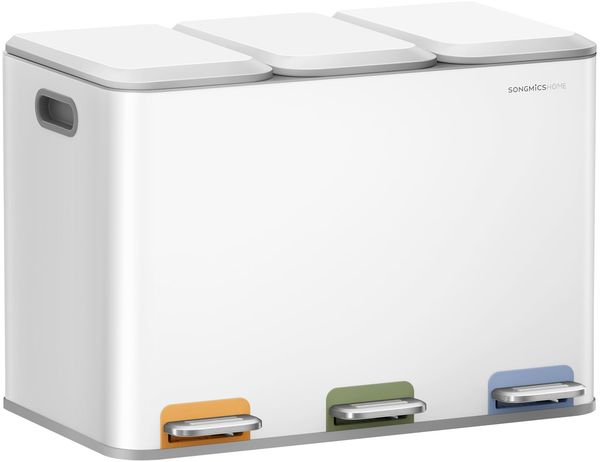 SONGMICS HOME Mülleimer Küche, 3x15 L Fächer, Abfalleimer mit farbcodierbaren Pedalen, Mülltrennsystem, mit Deckeln und Inneneimern, Stahl, wolkenweiß LTB740W02V1