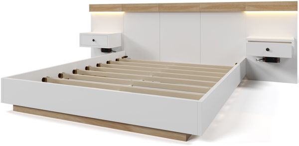 Doppelbett 160x200 cm mit 2 LED-Nachtkommoden – Bettanlage in Sonoma-Eiche/Weiß mit USB und USB-C Bild 8
