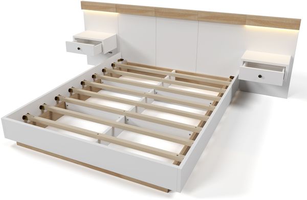 Doppelbett 160x200 cm mit 2 LED-Nachtkommoden – Bettanlage in Sonoma-Eiche/Weiß mit USB und USB-C Bild 9