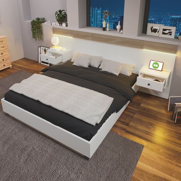 Doppelbett 160x200 cm mit 2 LED-Nachtkommoden – Bettanlage in Sonoma-Eiche/Weiß mit USB und USB-C