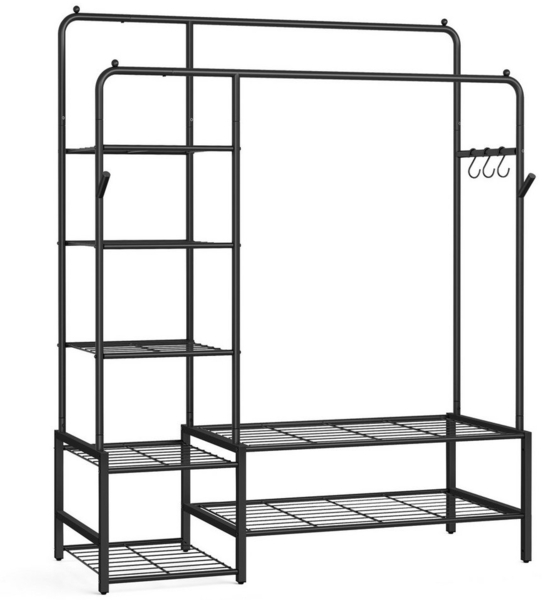 SONGMICS Kleiderständer, offener Kleiderschrank, Garderobenständer mit 9 Ablagen, Metallrahmen, Kleiderstange, schwarz