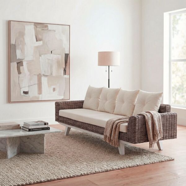 Sofa HWC-M32, 4-Sitzer Couch Rattansofa Loungesofa mit Kissen, 209cm Kubu Rattan natur Stoff/Textil Polster creme