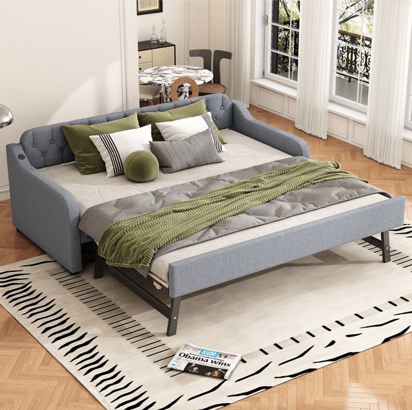 Ausziehbett 90×200 cm mit USB-Anschluss und Rollbett Grau ohne Matratze