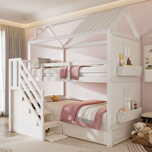 Etagenbett 90x200 cm mit Stauraumtreppe, Schubladen, Regalen, Rausfallschutz und Dach-Fenster-Design in Weiß
