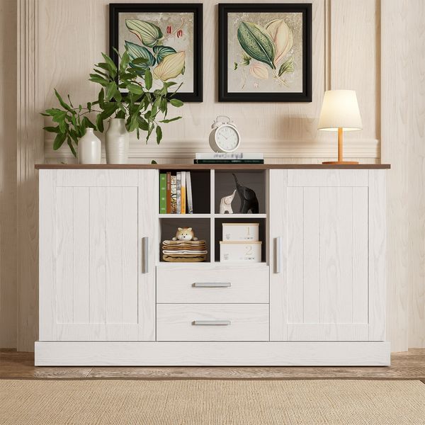 Sideboard 140 x 40 x 79,5 cm, weiße und braune Holzmaserung - 2 Türen, 2 Schubladen
