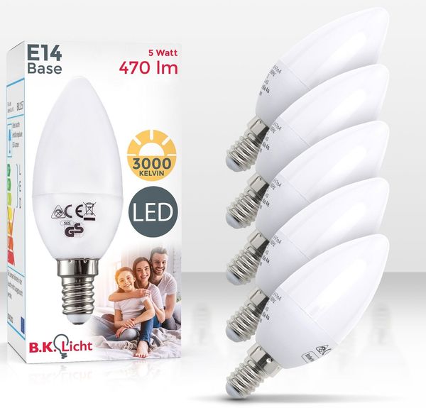 B.K.Licht - 5er Set LED Lampe E14 mit warmweißer Lichtfarbe, 5 Watt, 470 Lumen, LED Glühbirne, Leuchtmittel, Birne, Glühlampen, Kerze, Bulb, 3,7x10,6 cm, Weiß