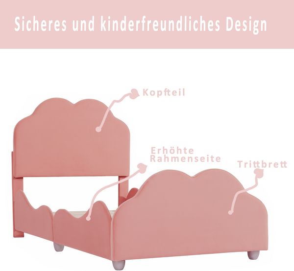 Kinder-Polsterbett 90×200 cm mit Rausfallschutz Wolkendesign Rosa ohne Matratze Bild 6