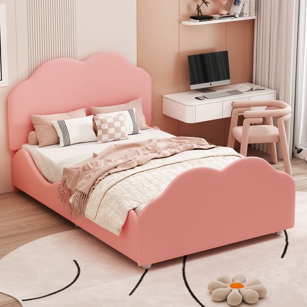 Kinder-Polsterbett 90×200 cm mit Rausfallschutz Wolkendesign Rosa ohne Matratze