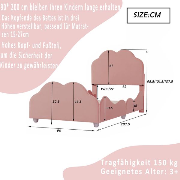 Kinder-Polsterbett 90×200 cm mit Rausfallschutz Wolkendesign Rosa ohne Matratze Bild 5