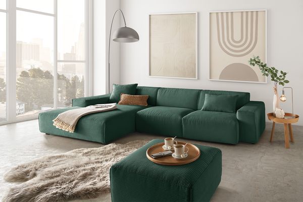 KAWOLA Sofa RANI Ecksofa Cord smaragd Recamiere links 71 x 189 x 299 cm