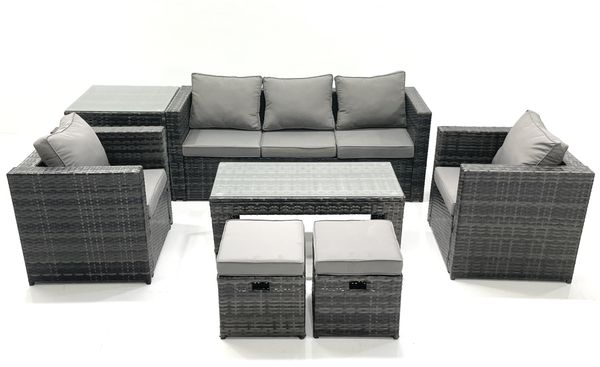 Fimous Polyrattan Gartensofa Set Couchtisch 2 Sessel 2 kleine Fußhockern Beistelltisch Dunkelgrau Gemischt