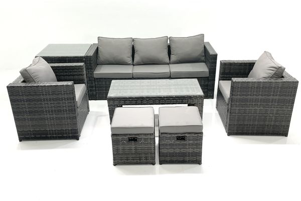 Fimous Polyrattan Gartensofa Set Couchtisch 2 Sessel 2 kleine Fußhockern Beistelltisch Dunkelgrau Gemischt Bild 2