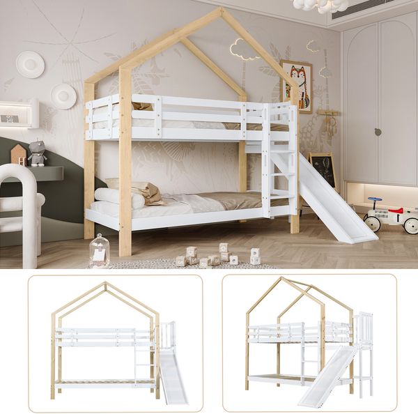Etagenbett mit Rutsche und dreistufiger Winkelaufstiegsleiter, Hausbett mit mit Absturzsicherung, Kinderbett, Bettrahmen aus Massivholz, Weiß+Natur, 90x200cm [30955960NAA] Bild 9
