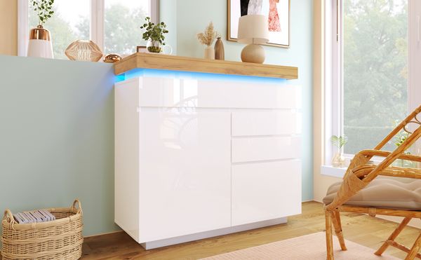 Bett 115x110x39 cm mit LED-Beleuchtung und Hochglanz-Front – grifflose Kommode in Weiß