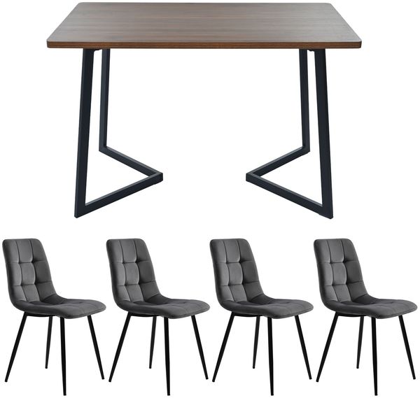Merax Essgruppe (5-tlg),Esstisch mit 4 Stühlen Set, Moderner Küchentisch Set , Holzmaserung Küchentisch mit Schwarz Metallbeinen, MDF Tischplatte in Walnussfarbe,Dunkelgrau Samt Esszimmerstühle Bild 3