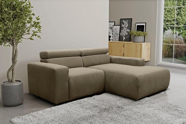 DOMO collection Ecksofa Brandon, inkl. Kopfteilverstellung, B/T/H: 214/100/80 cm, L-Form, Cord, schlamm