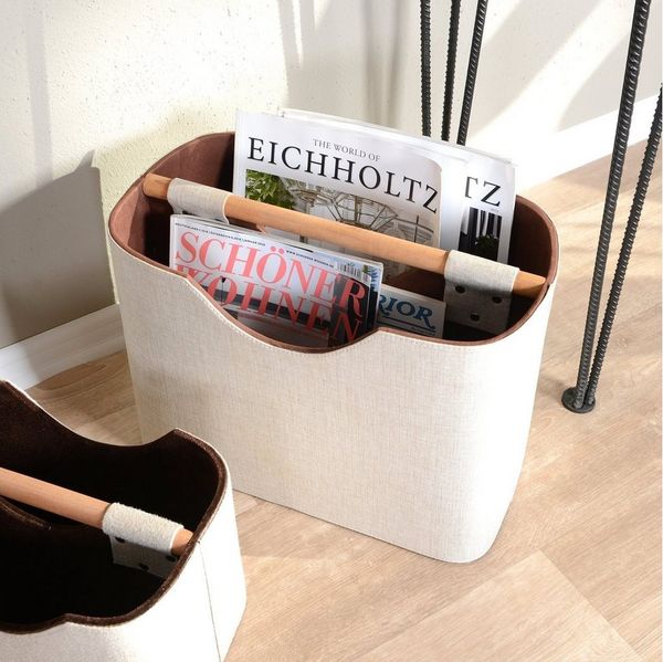wohnfreuden Aufbewahrungsbox Zeitungsständer aus Stoff und Teakholz 40 cm beige