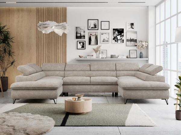 Mks Möbel 'Peter U-Form' Ecksofa mit Bettkasten, Bettfunktion & einstellbaren Kopfstützen, Beige, Stoff