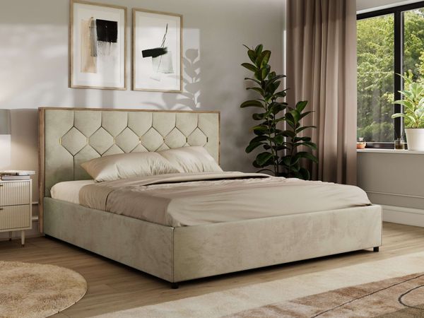 Polsterbett mit Bettkasten LARINO CLASSIC 160 x 200 cm Lattenrost und Gasdruckfedern, stabiles Bettgestell, modernes Design Pocket Matratze - Beige Velvet - VIRE LUX