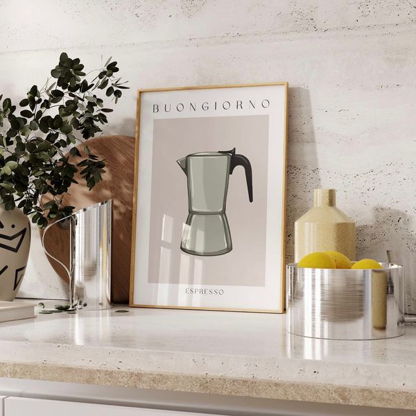 Küche Wand Kunst Poster · Geschenkidee · Moka Espresso · Kaffee Wandkunst · Barista · Morning Coffee · Wand Deko · Deko Print ohne Rahmen - Silber / 21 x 30 cm