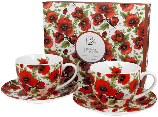 DUO FLORAL 2er-Set Tassen 280 ml LINA mit Untertassen, New Bone China Porzellan