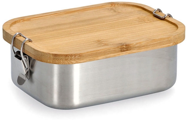 ZELLER 19372 Lunch Box mit Clipverschluss, Edelstahl/Bambus, ca. 18,4 x 13,5 x 7 cm