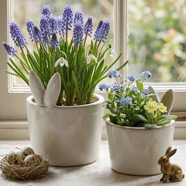 Dekoleidenschaft Blumentopf "Hasenöhrchen" aus Porzellan, Pflanztopf, Übertopf klein, Osterdeko (2 St, im Set), in creme-weiß & beige