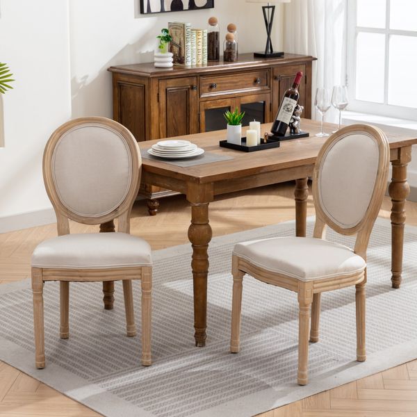 Esszimmerstuhl-Set aus Leinen mit Massivholzgestell, französischer Stil, Beige, 2er-Set