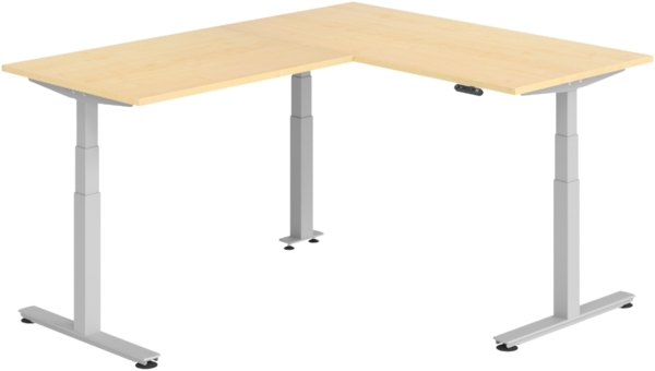 bümö Eckschreibtisch elektrisch höhenverstellbar L-Form: 160 x 200 cm in Ahorn, Gestell silber - Stehschreibtisch mit Memory-Steuerung, elektrischer XXL Schreibtisch für die Ecke, XDSMW-1612-3-S