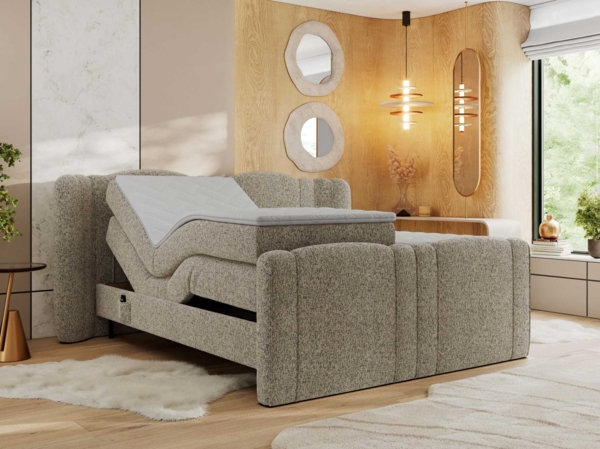 Elektrisch Boxspringbett Multipocket-Matratzen, elektrisch verstellbar, Polsterbett mit Bettkästen - FORTINA - 160 x 200 cm - Dunkelbeige Struktur - H3