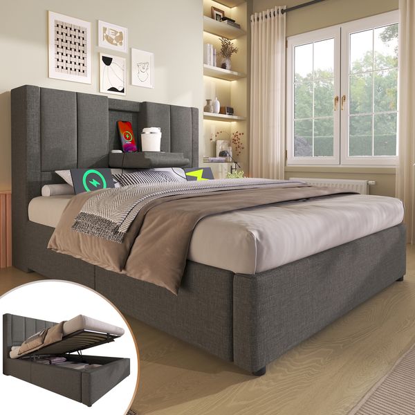 Polsterbett 90x200 cm mit Bettkasten, USB- und Type-C-Ladestation, Becherhalter, Leinen Grau, ohne Matratze