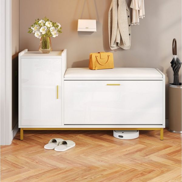 Merax Schuhbank Hochglanz in Weiß und Gold, mit gepolsterter Sitzfläche (100×38×68 cm, 1-St, Schuhbank für Flur, Wohnzimmer oder Büro), Schuhschrank mit 2 Fächern, 1 Schrank & Metallfüße