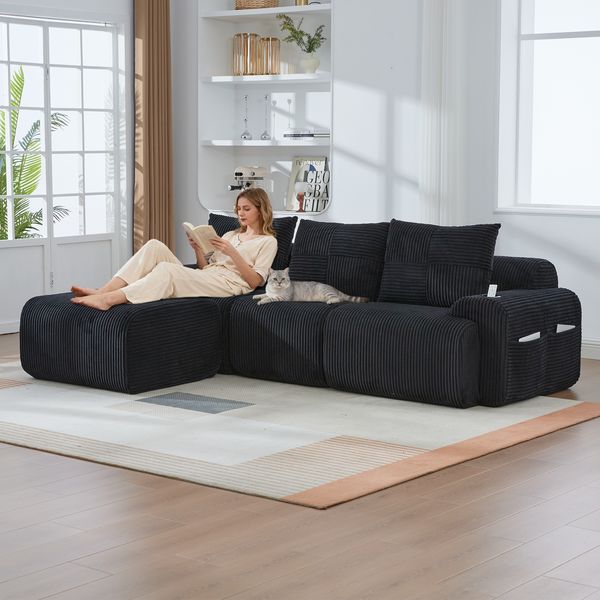 Modulares 3-Sitzer Cordsofa m. Hocker, Getränkehalter, Tasche, Schwarz