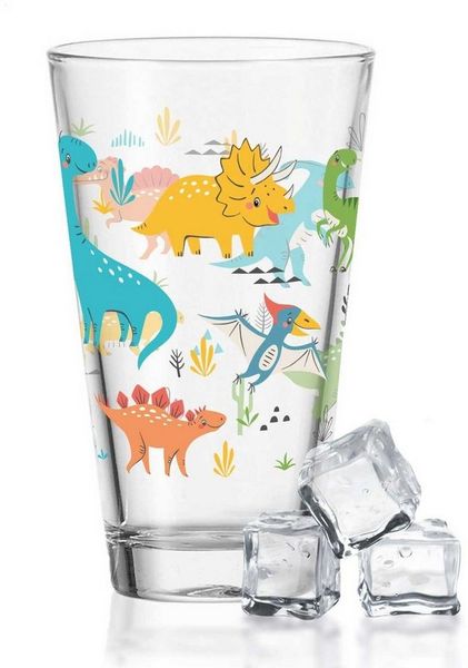 GRAVURZEILE Glas Leonardo Wasserglas mit UV-Druck - im Dinogruppe 360° Design, Glas, - Alltagstauglich - als Geschenk für Kinder zum Kindergeburtstag