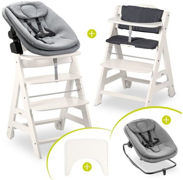 Hauck Hochstuhl Beta Plus White Newbornset 3in1 Bouncer (Set), Holz Babystuhl ab Geburt mit Neugeborenensufsatz, Sitzkissen, Essbrett