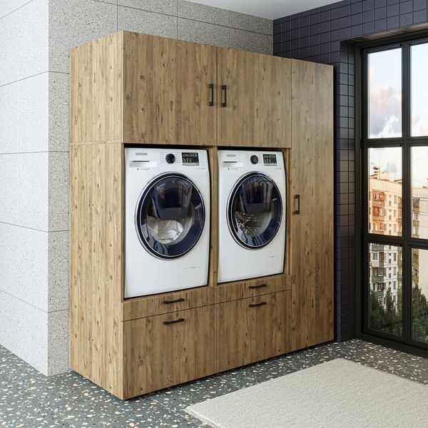 Roomart Waschmaschinenschrank SERIE 2 – Überbauschrank mit Schublade, Überbauschrank für Waschküche & Hauswirtschaftsraum – mit Ausziehbrett & Schublade – • Eiche