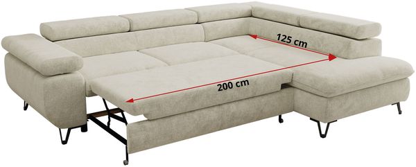 MKS Möbel 'Pablo L-Form' Ecksofa mit Schlaffunktion, verstellbare Kopfstützen, Creme, Schenille grob, T25 Topper, Links Bild 7