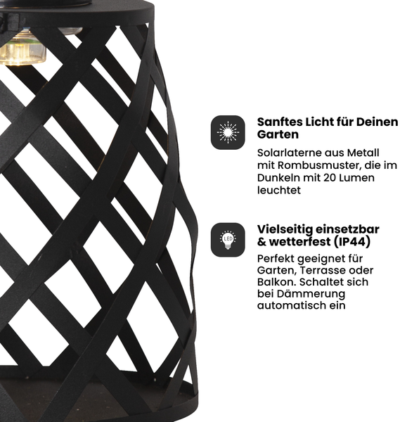 Star SolarLaterne Calabria - LED Außenlaterne aus schwarzem Metall, warmweißes Licht (20 Lumen), Dämmerungssensor, Schwarz, 20 cm hoch, Solarbetrieben, wetterfest, ideal für Garten, Terrasse oder Balkon Bild 2