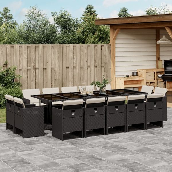 vidaXL 15-tlg. Garten-Essgruppe mit Kissen Schwarz Poly Rattan 3277817